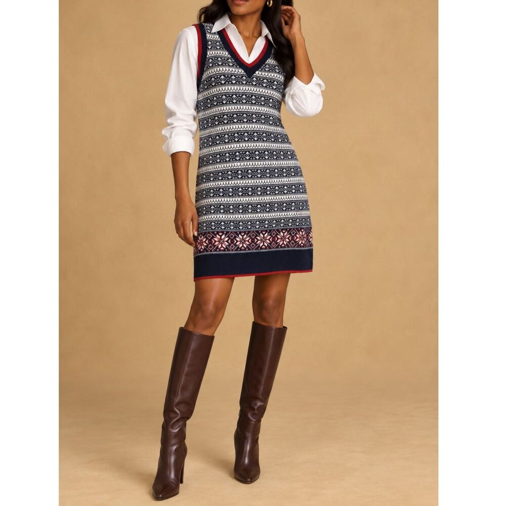 Brooks Brothers 100% Wool Fair Isle Knit Sweater Dress Navy Red Ivory Size M